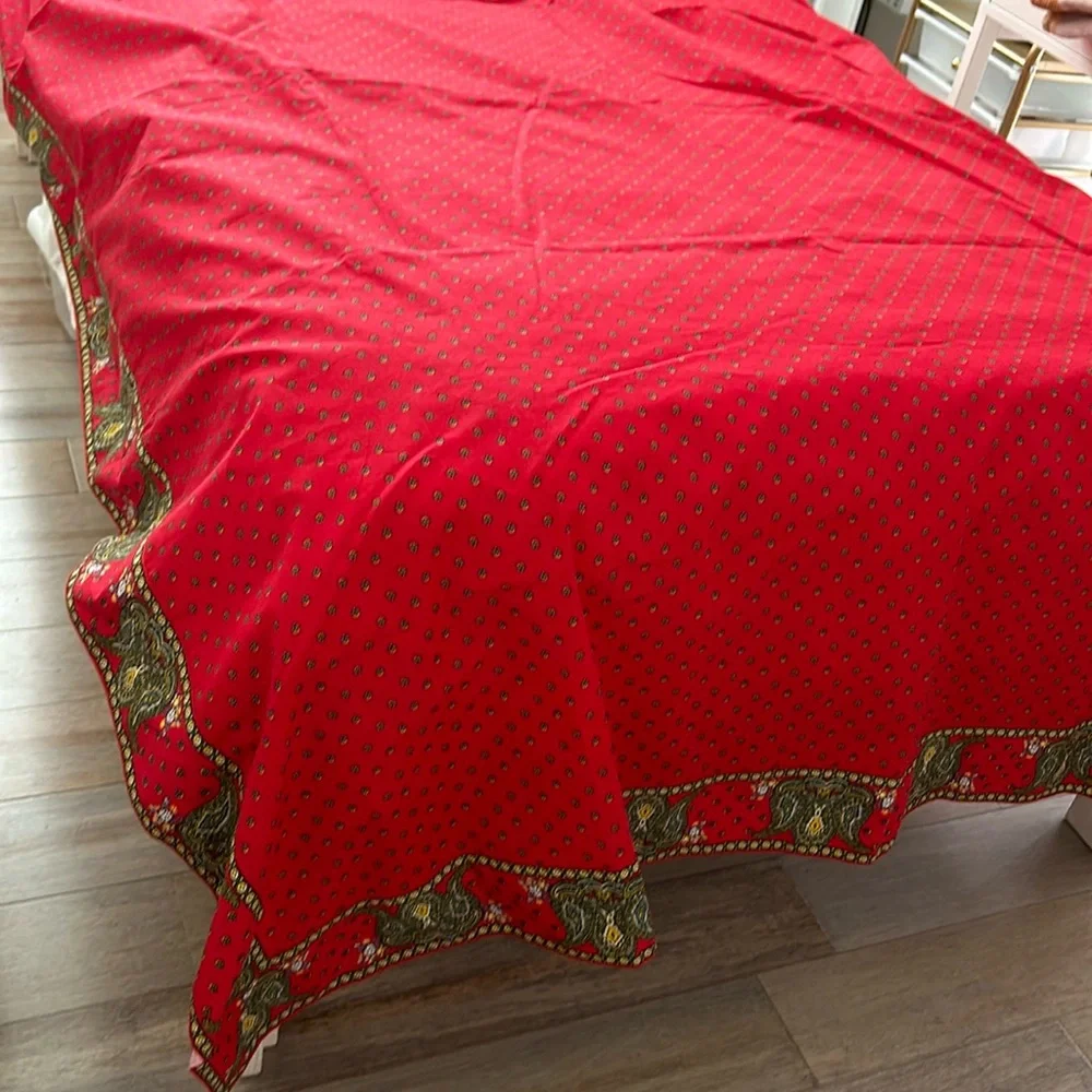 Cotton table cloth in red, green and yellow print floral design rectangular